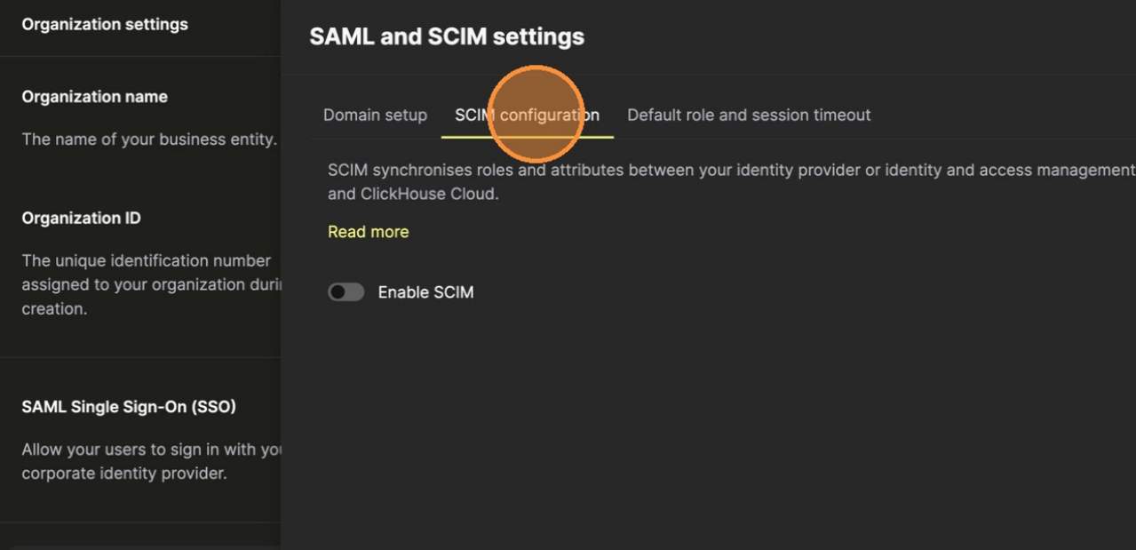 Navigate to the SCIM configuration tab in Organization settings